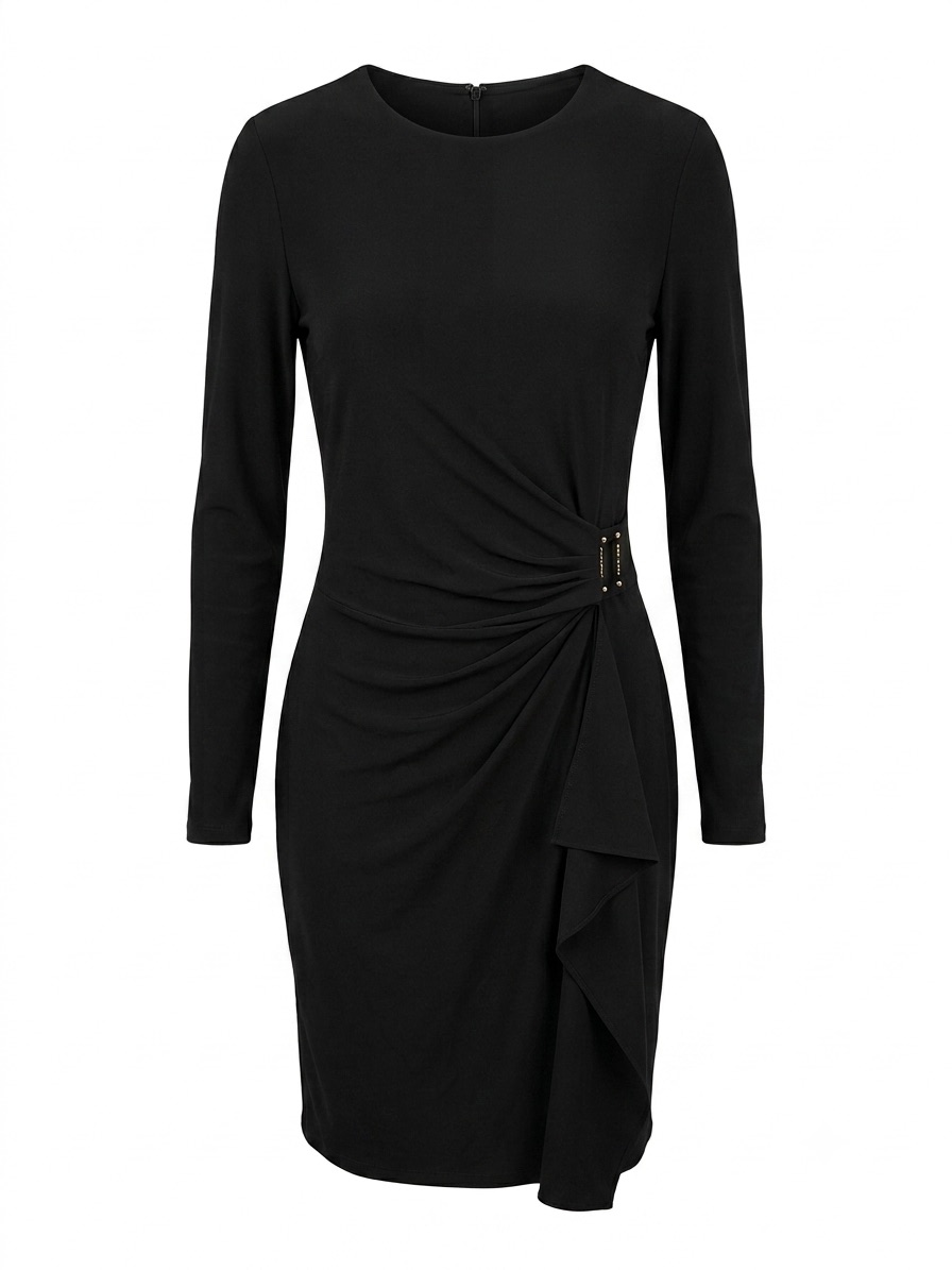 Michael Michael Kors Black Long-Sleeve Ruched Sheath Dress With Side Drape